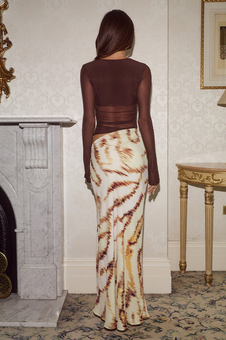 JONI LONG SLEEVE CUTOUT MAXI DRESS - CHOCOLATE/CAMELLIA BEIGE