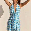KAELI TIE FRONT HALTER TOP - VIRELLI BLUE MULTI