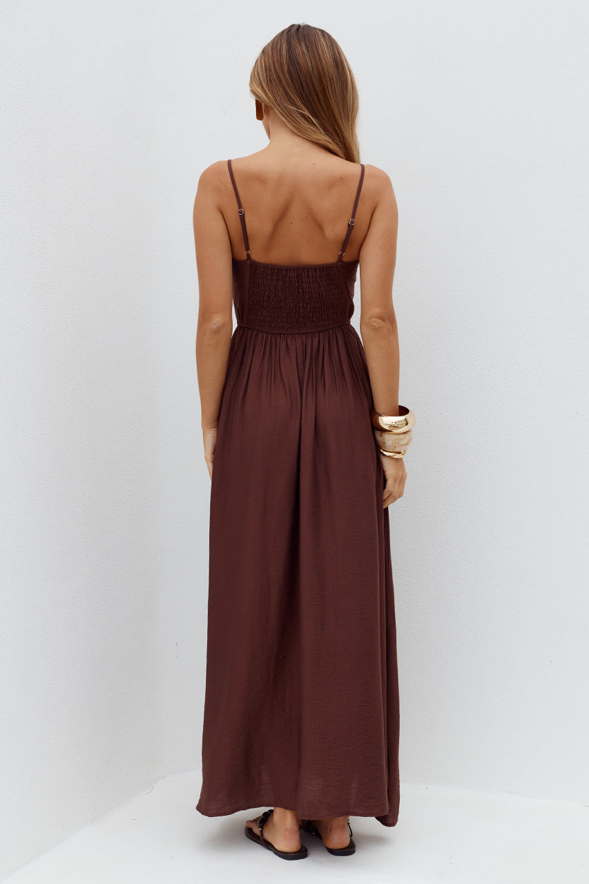 KAYLEY A-LINE SHIRRED MIDI DRESS - CHOCOLATE - KAYLEYA-LINESHIRREDMIDIDRESS-CHOCOLATE-4
