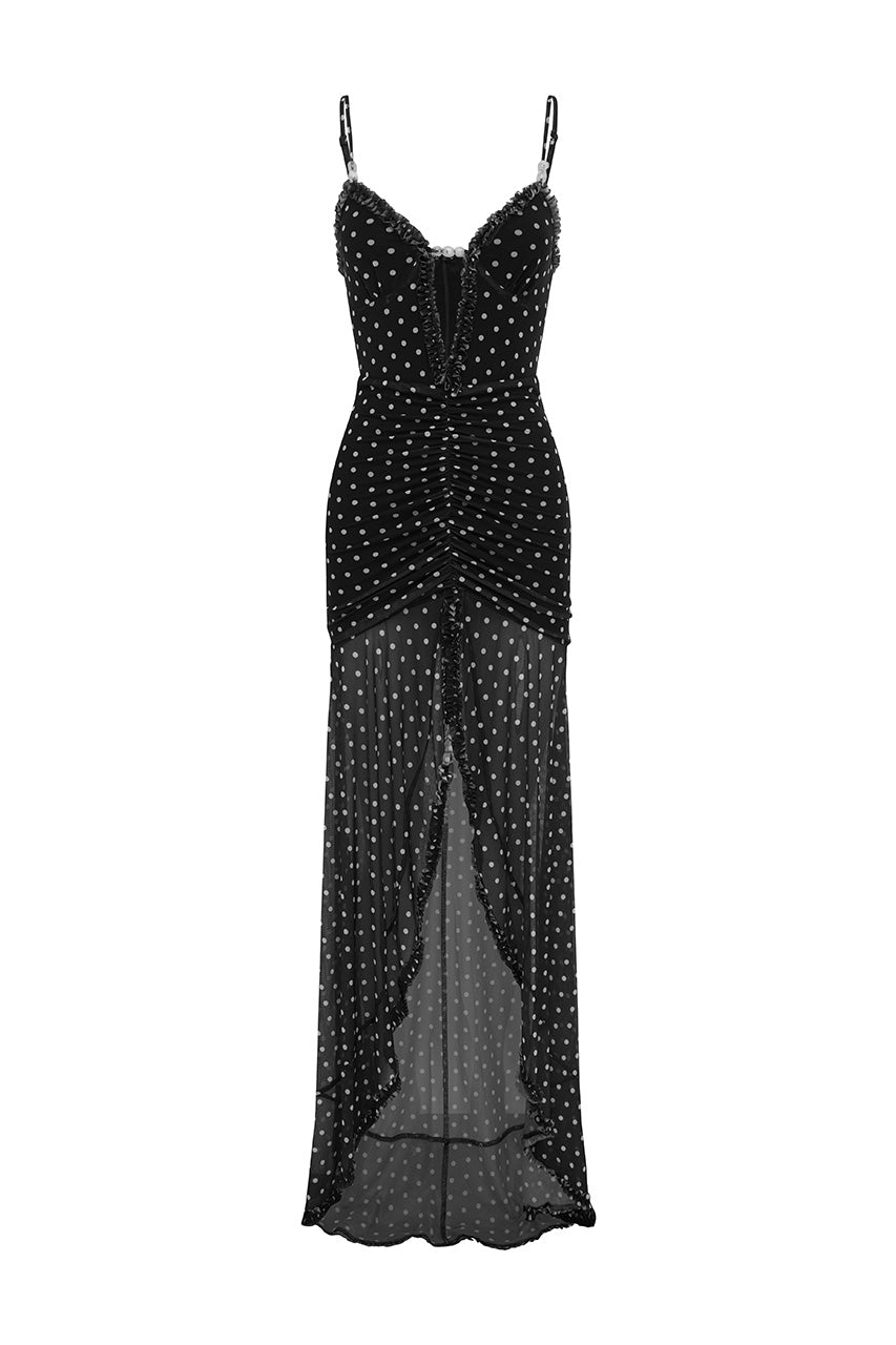 KIATA RUFFLE MAXI DRESS - BLACK POLKA - KIATAMAXIDRESSBLACKPOLKA