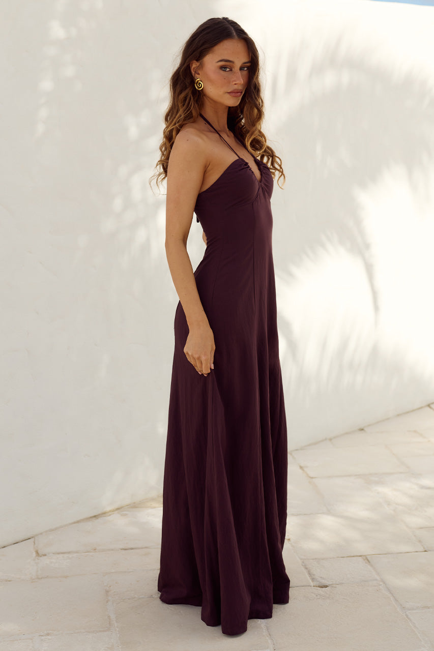 KINSLEY LOWCUT HALTER MAXI DRESS - CHOCOLATE