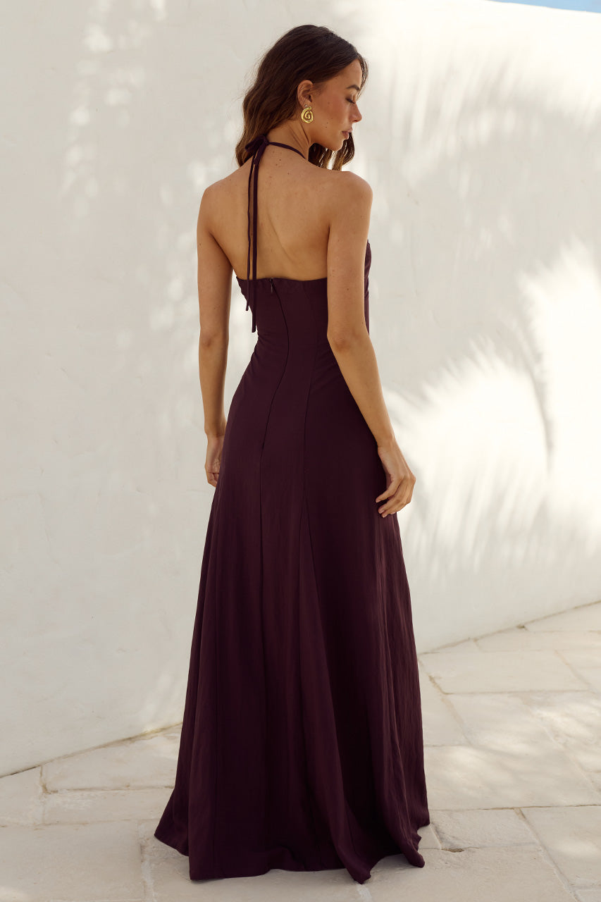 KINSLEY LOWCUT HALTER MAXI DRESS - CHOCOLATE