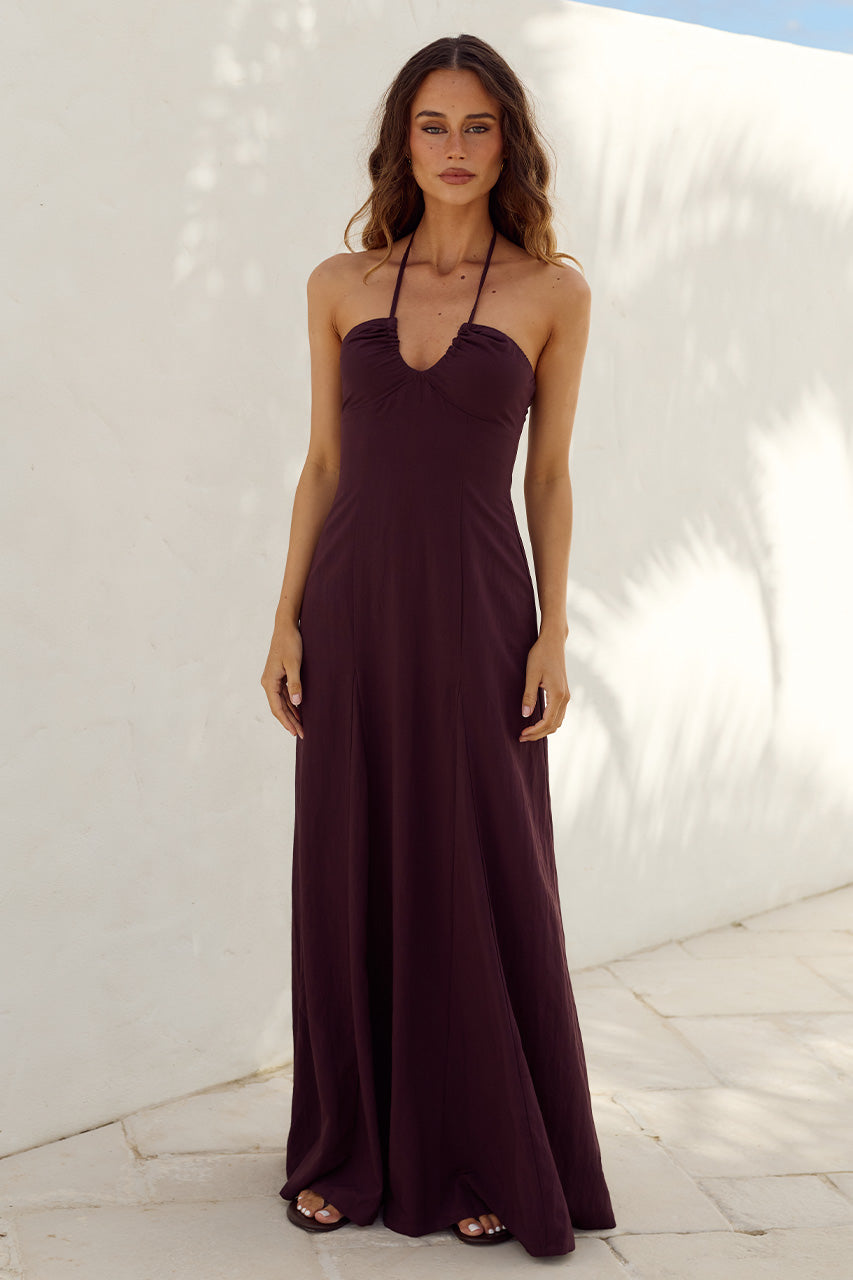 KINSLEY LOWCUT HALTER MAXI DRESS - CHOCOLATE