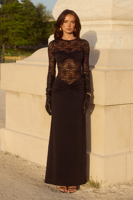 LARNA LACE LONG SLEEVE MAXI DRESS - BLACK
