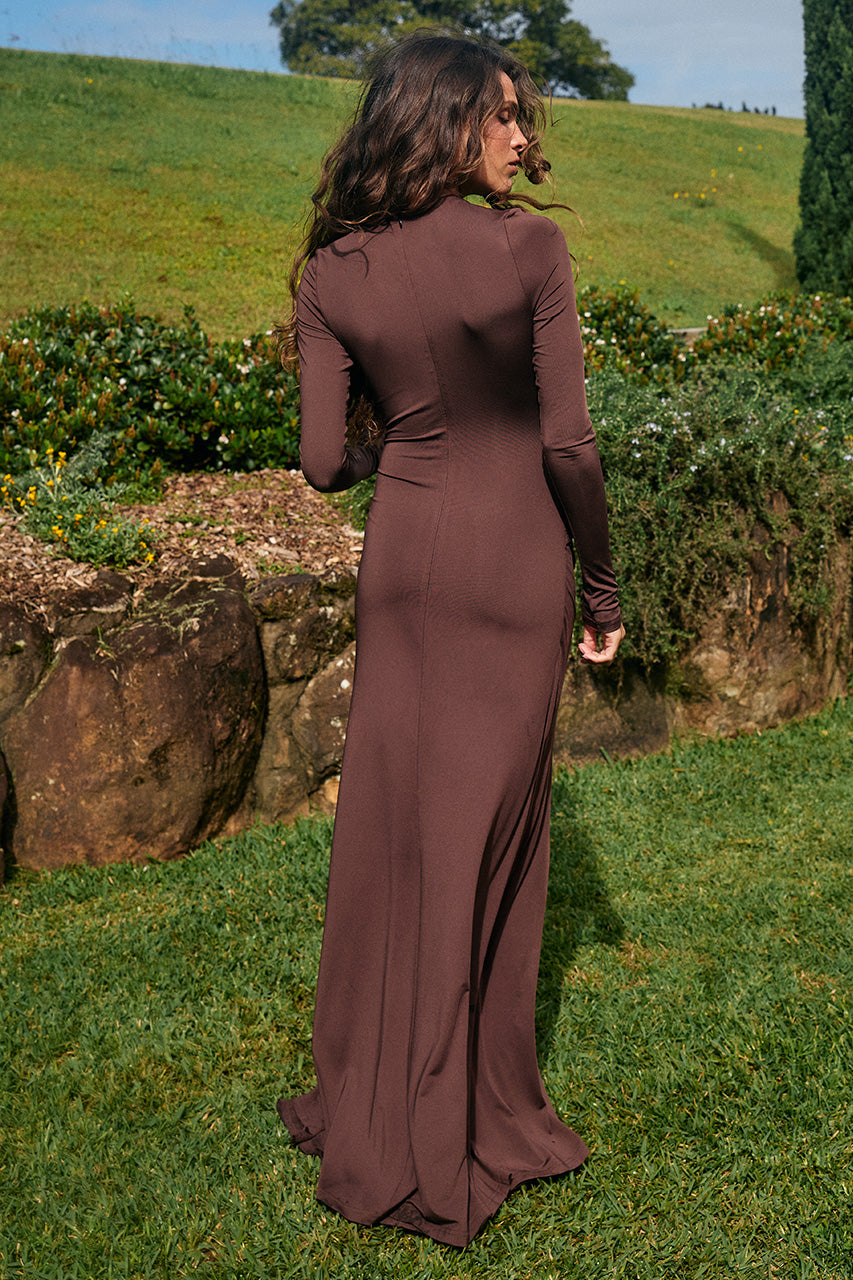 LILA LONG SLEEVE RUCHED MAXI DRESS - CHOCOLATE - LILALONGSLEEVEROUCHEDMAXIDRESS-CHOCOLATE-13