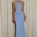 LINA HALTER DRAPED MAXI DRESS - BLUEBELL