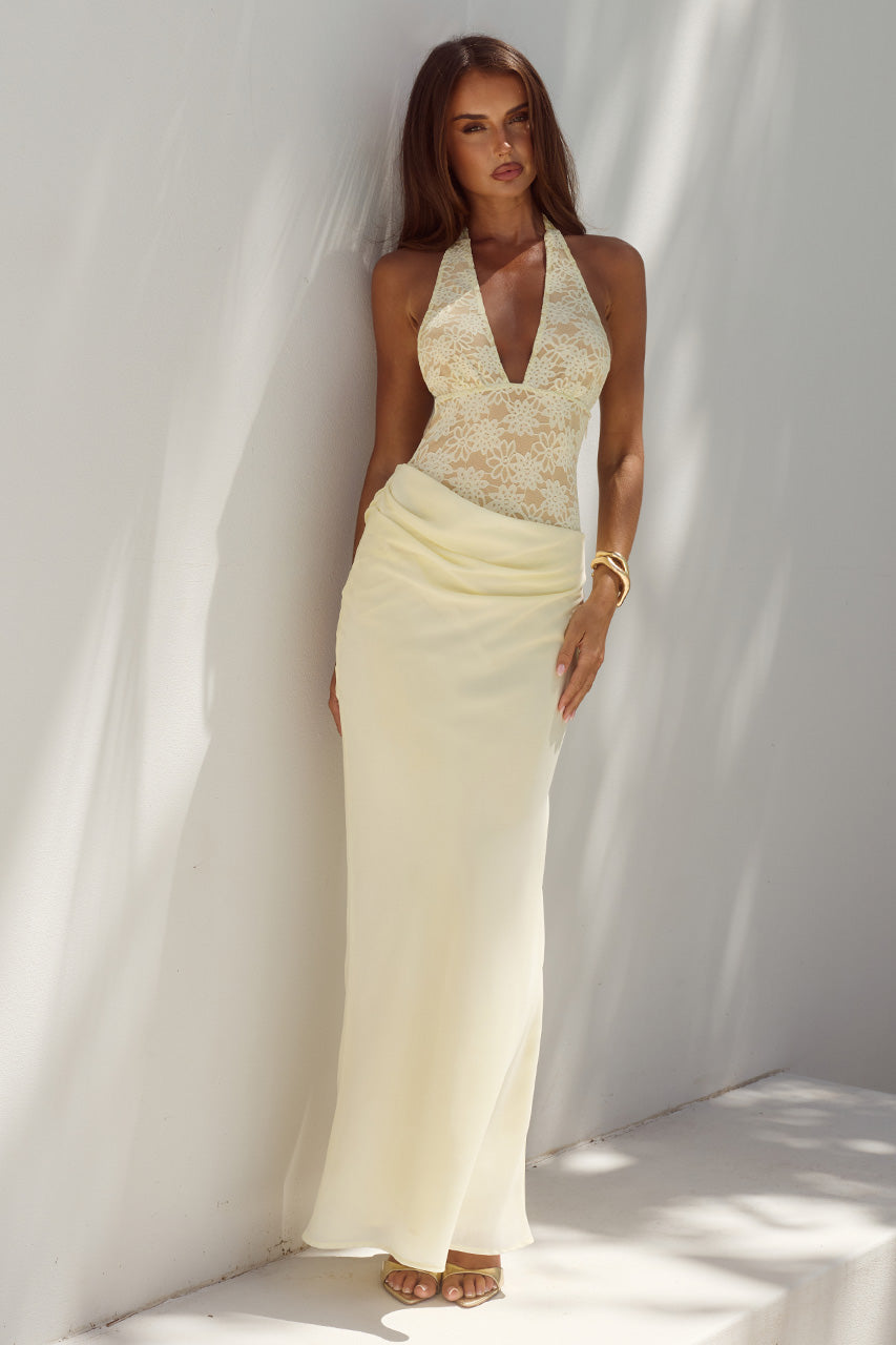 LINA HALTER DRAPED MAXI DRESS - LEMON