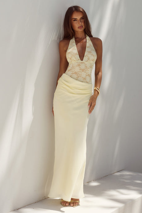 LINA HALTER DRAPED MAXI DRESS - LEMON