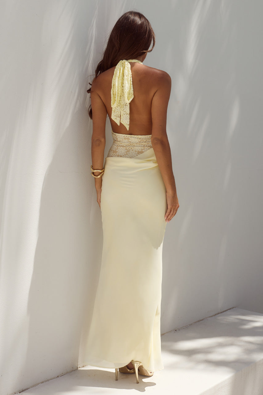 LINA HALTER DRAPED MAXI DRESS - LEMON