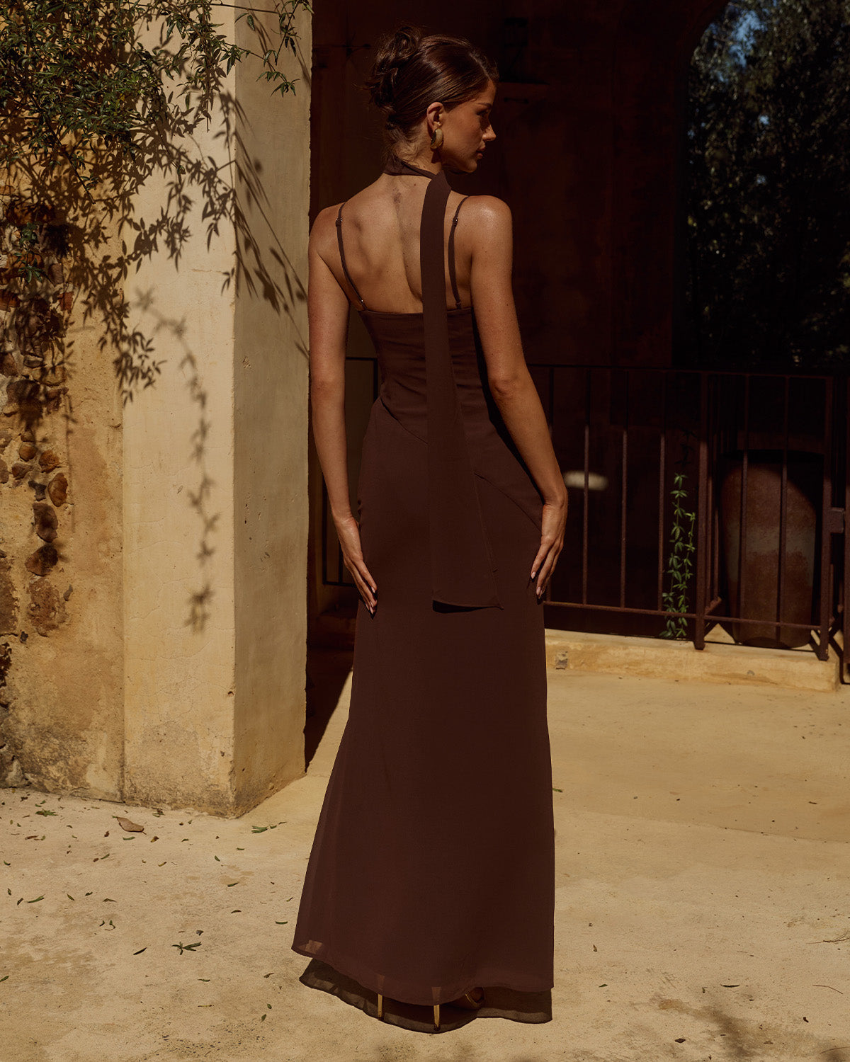 LIORA DRAPED SCARF MAXI DRESS - CHOCOLATE