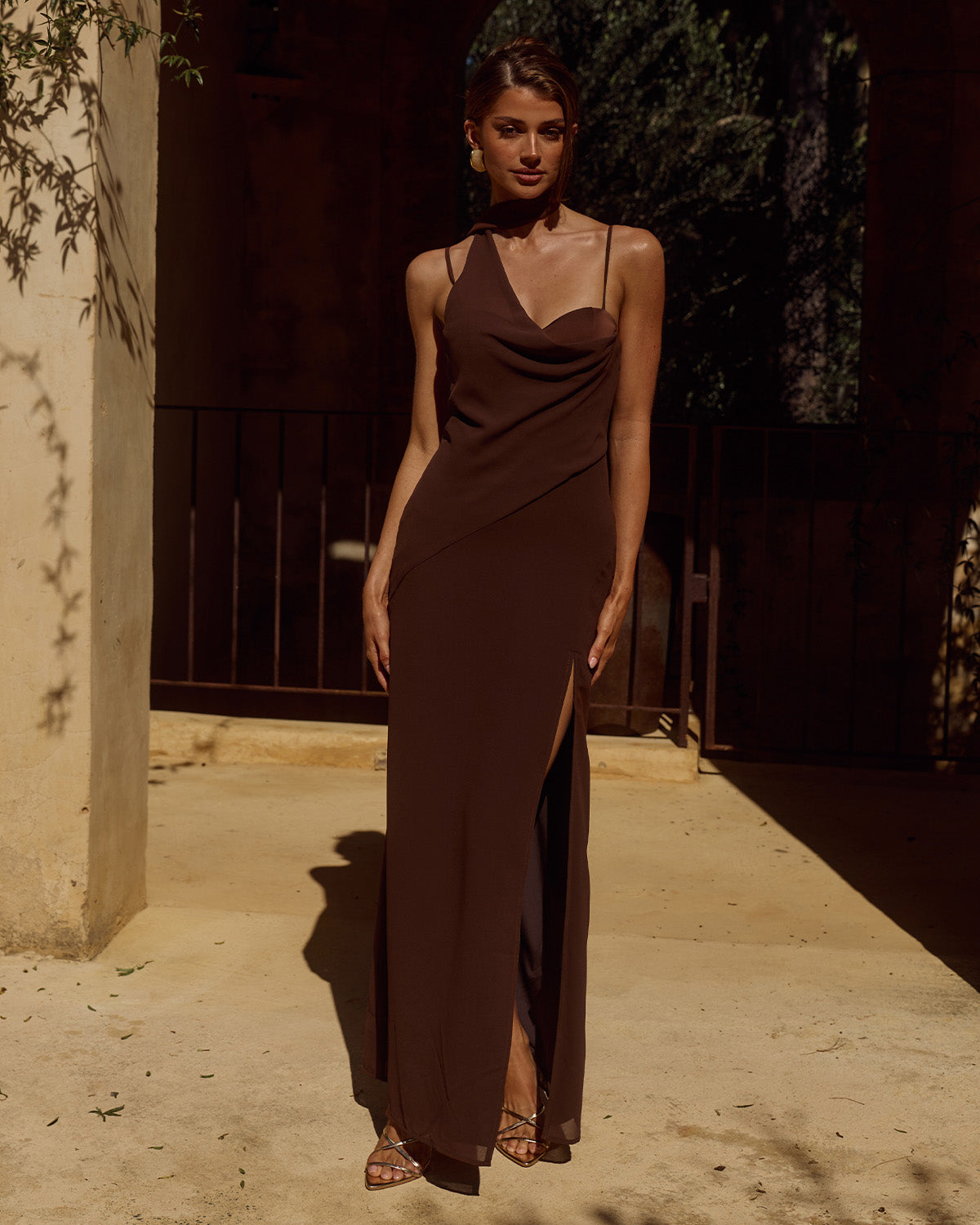 LIORA DRAPED SCARF MAXI DRESS - CHOCOLATE