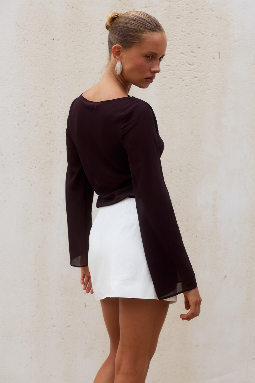 LUCIANA BOAT NECK LONG SLEEVE TOP - CHOCOLATE - LUCIANABOATNECKLONGSLEEVETOP-CHOCOLATEXDIAMINIWRAPSKIRT-WHITE-10