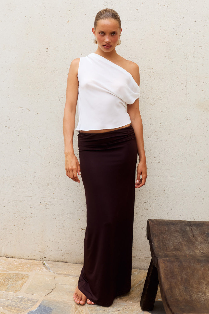 MARISA OFF SHOULDER TOP - OFF WHITE - MARISAOFFSHOULDERCOWLTOP-OFFWHITEXESMALOWWAISTMAXISKIRT-CHOCOLATE-09