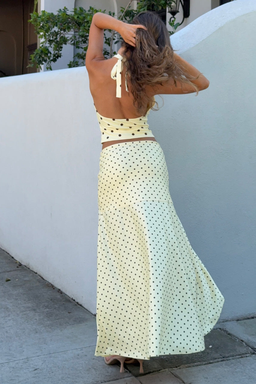 MELODY HALTER COWL TOP - LEMON/CHOC POLKA - MELDOY-LEMON_CHOC