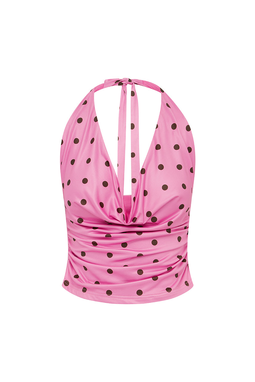 MELODY HALTER COWL TOP - MUSK/CHOC POLKA