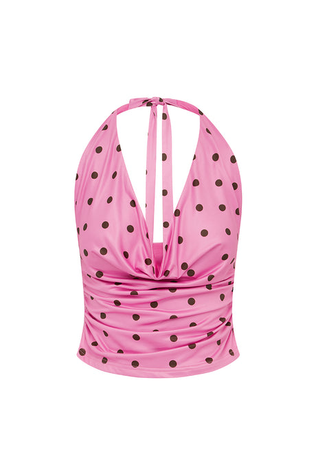 MELODY HALTER COWL TOP - MUSK/CHOC POLKA