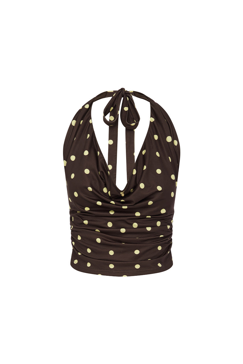 MELODY HALTER COWL TOP - CHOC/LEMON POLKA - MELODYHALTERCOWLTOP-CHOC_LEMONPOLKA