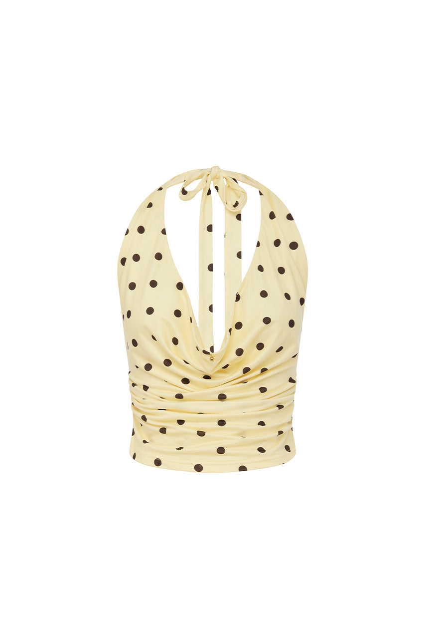 MELODY HALTER COWL TOP - LEMON/CHOC POLKA - MELODYHALTERCOWLTOP-LEMON_CHOCPOLKA