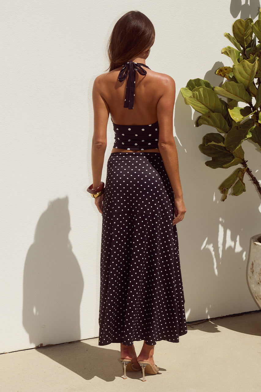 MELODY FLOUNCE MIDI SKIRT - BLACK/WHITE POLKA - MELODYHALTERCOWLTOPXMELODYFLOUNCEMIDISKIRT-04