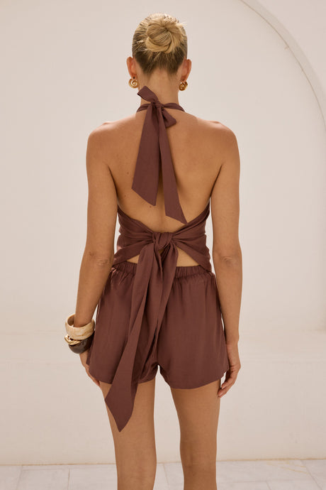 MILA TIE BACK HALTER TOP - CHOCOLATE