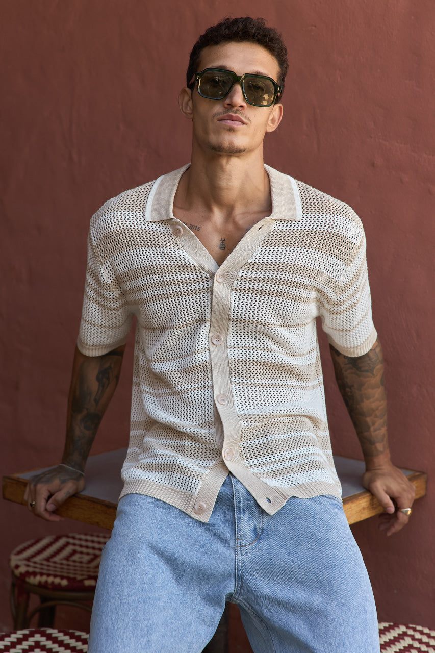 MONROE SHORT SLEEVE KNIT TOP - SAND/WHITE STRIPE