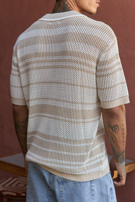 MONROE SHORT SLEEVE KNIT TOP - SAND/WHITE STRIPE