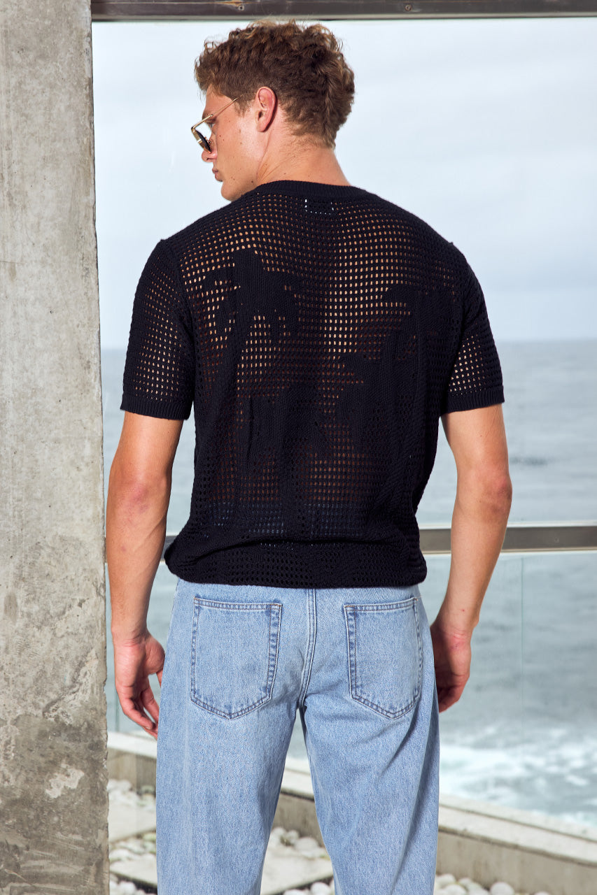 NICOLAS SHORT SLEEVE KNIT TOP - BLACK - NICOLASSHORTSLEEVEKNITTOP-BLACKXNICOLOWIDELEGJEANS-BLUEMIDWASH