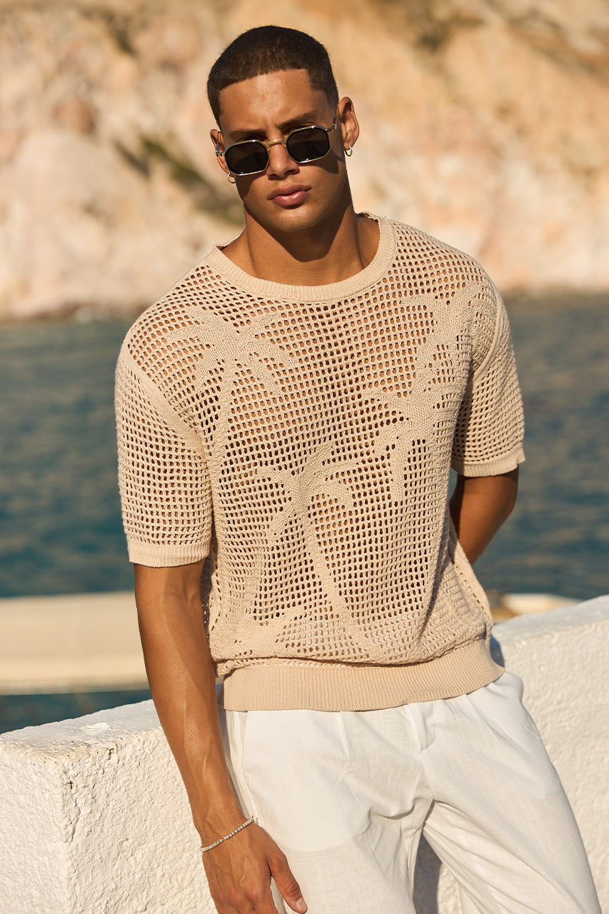 NICOLAS SHORT SLEEVE KNIT TOP - SAND