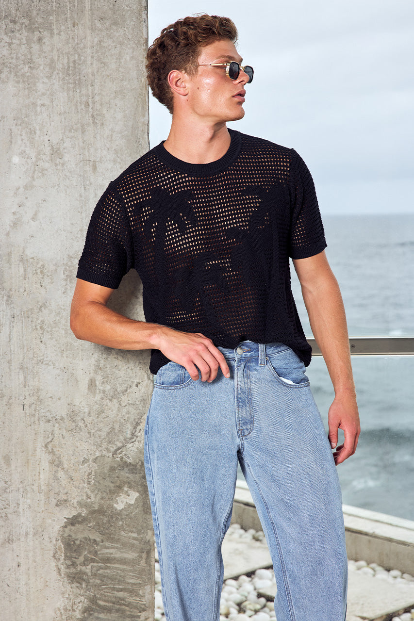 NICOLAS SHORT SLEEVE KNIT TOP - BLACK