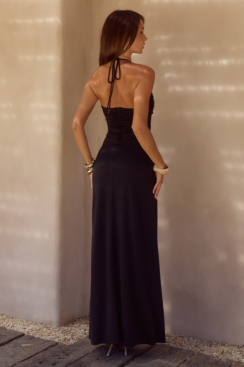 NINA RUCHED HALTER MAXI DRESS - BLACK