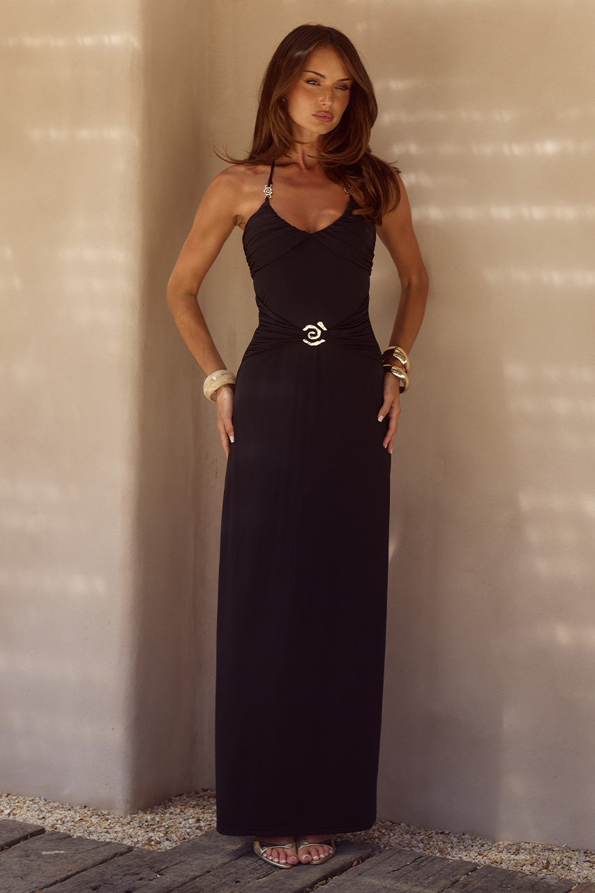 NINA RUCHED HALTER MAXI DRESS - BLACK