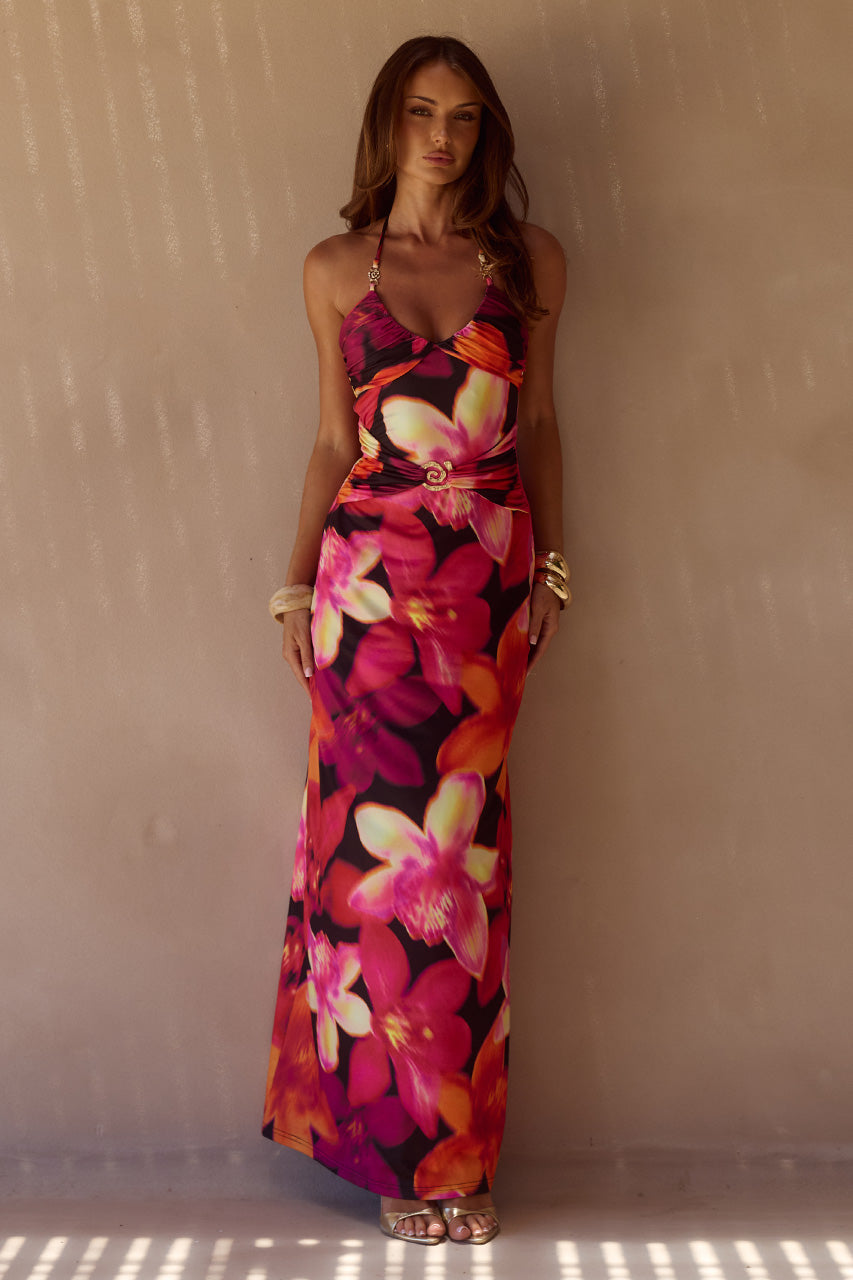 NINA RUCHED HALTER MAXI DRESS - SKYE BLACK
