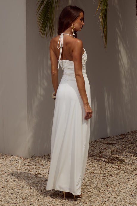 NINA RUCHED HALTER MAXI DRESS - WHITE