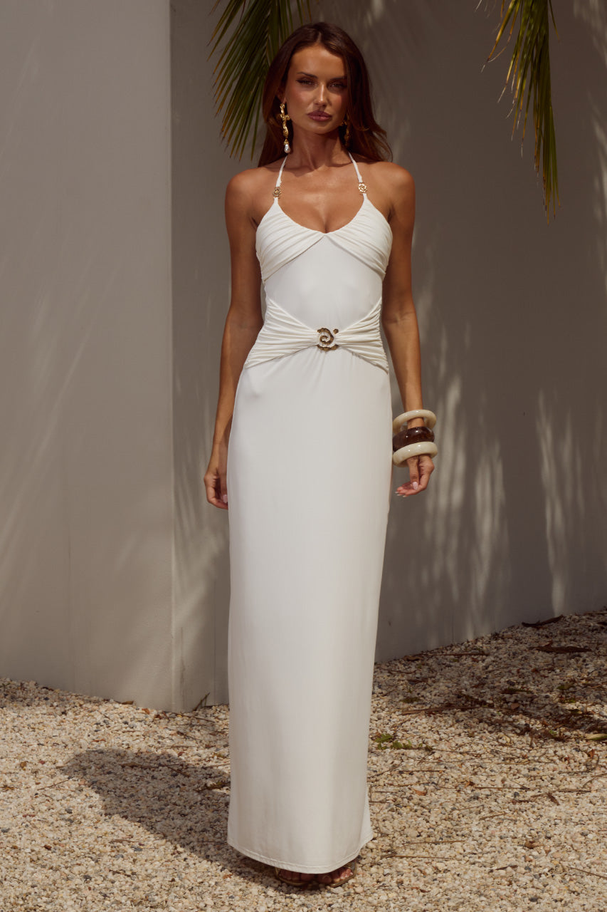 NINA RUCHED HALTER MAXI DRESS - WHITE