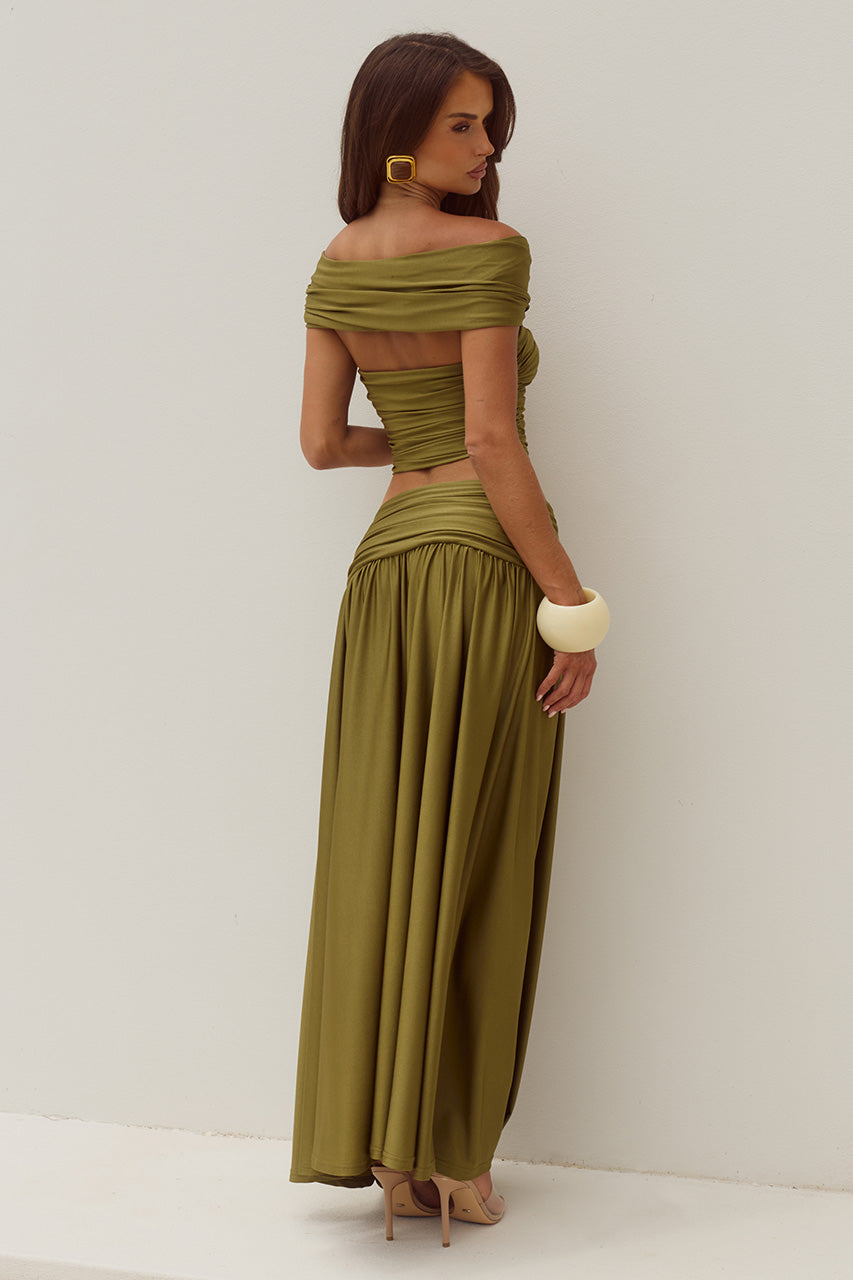 NIVALI DRAPED WAIST MAXI SKIRT - OLIVE