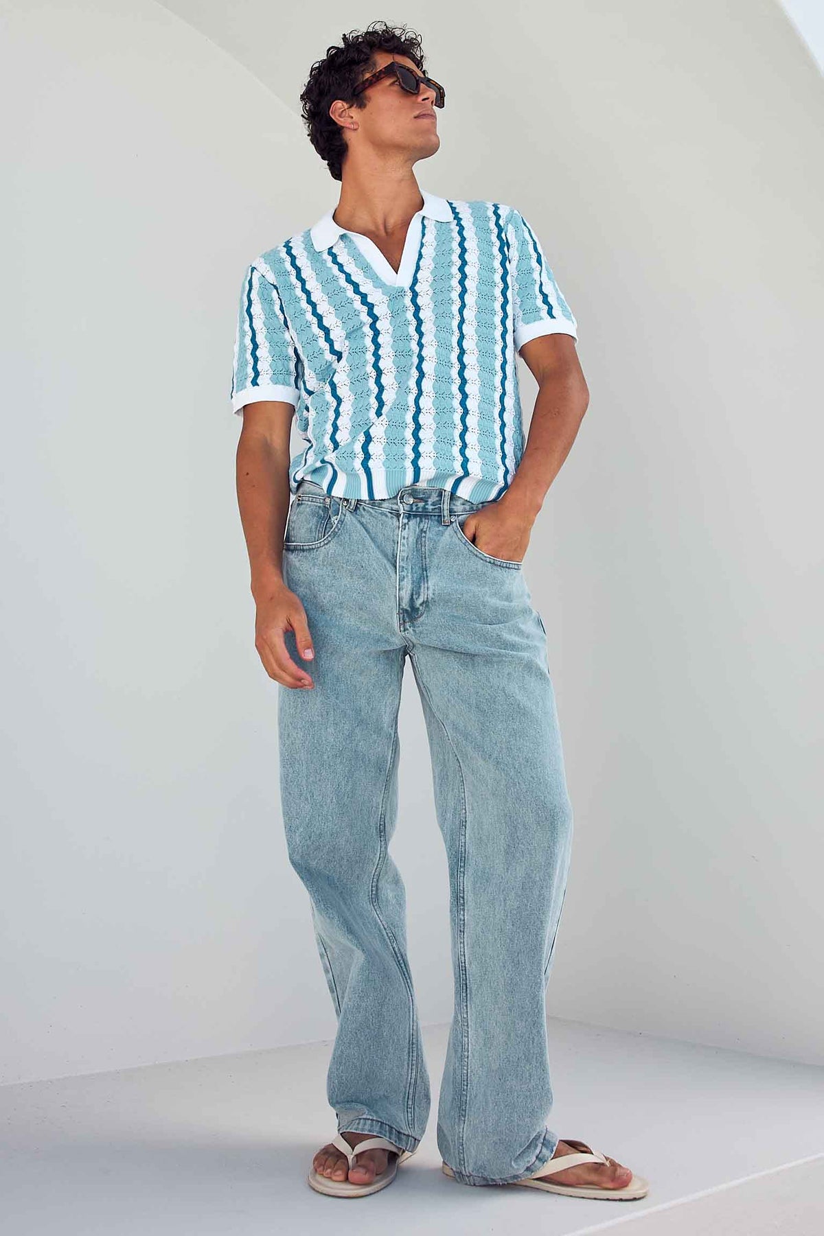 NOEL THREE QUARTER KNIT TOP - SKY BLUE/NAVY - NOELTHREEQUARTERKNITTOP-SKYBLUENAVY-1
