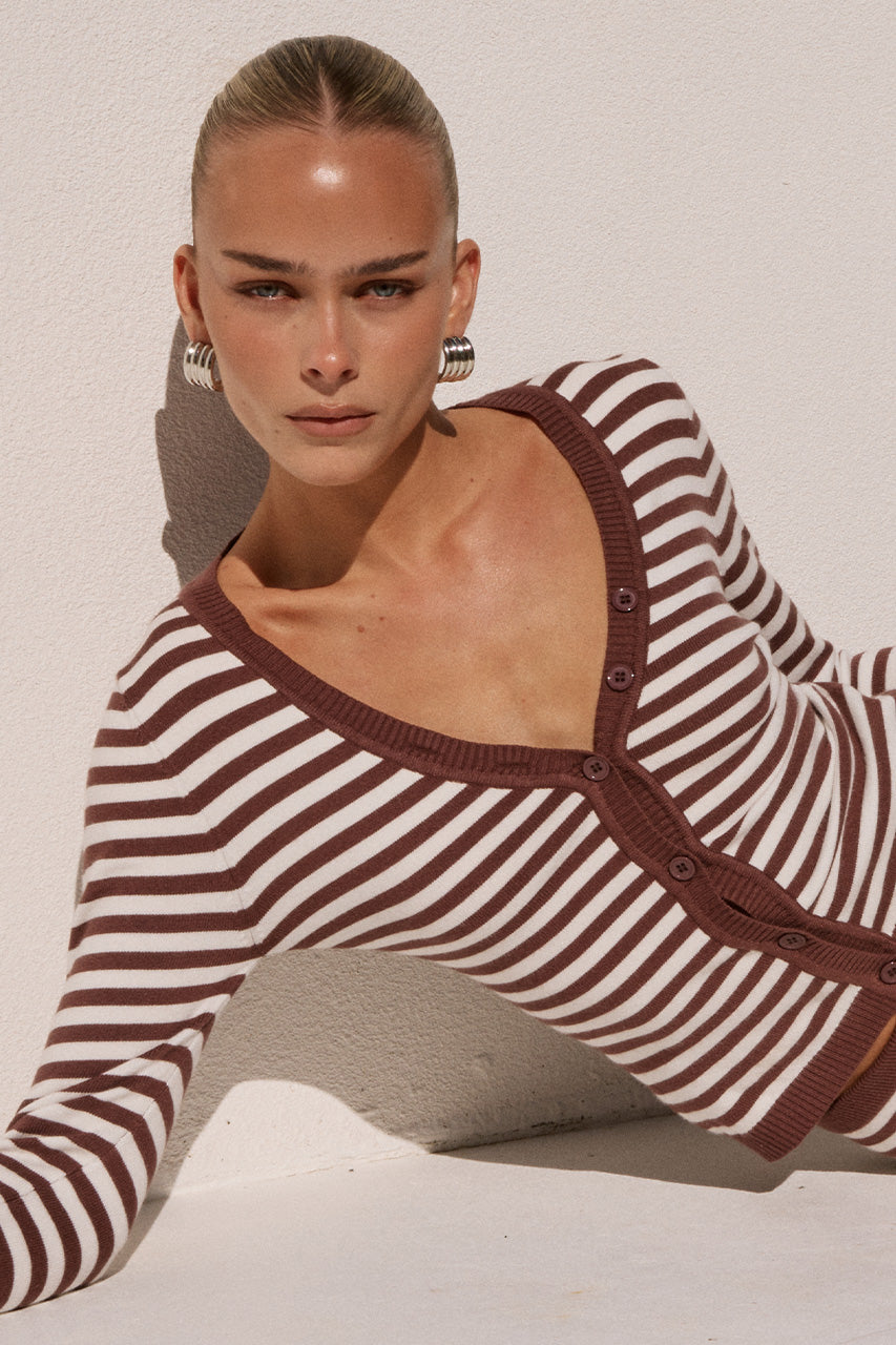 NOEMI LONG SLEEVE KNIT TOP - CHOC STRIPE - NOEMILONGSLEEVEKNITTOPXNOEMIKNITMINISKIRT-CHOCSTRIPE-07