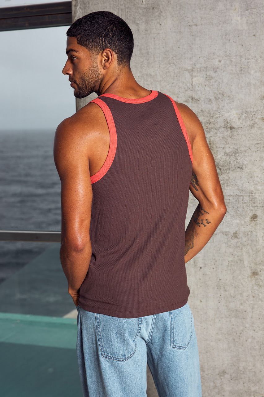 RAUL RIBBED SINGLET - CHOC/ORANGE - RAULRIBBEDSINGLET-CHOC_ORANGEXNICOLOWIDELEGJEANS-BLUEMIDWASH-1