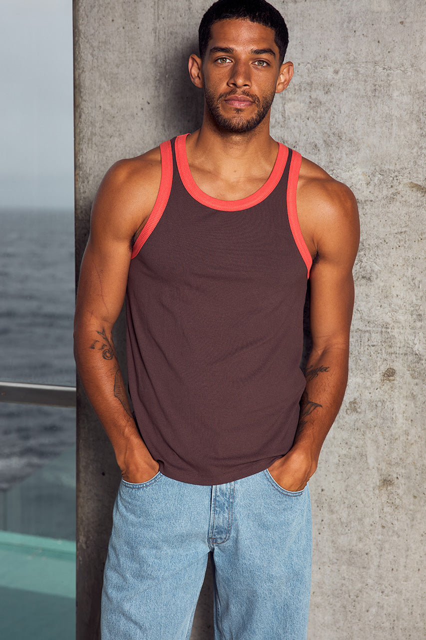 RAUL RIBBED SINGLET - CHOC/ORANGE