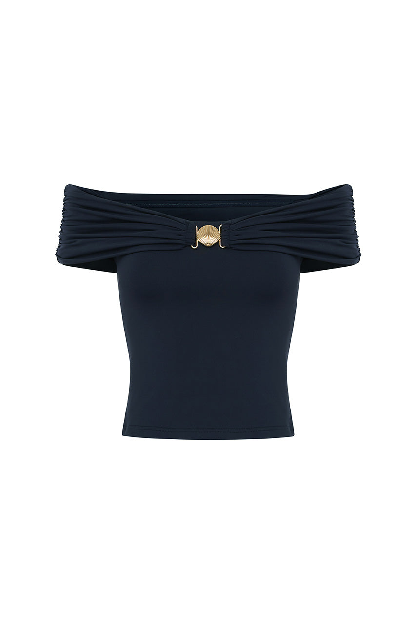 REMINA RUCHED OFF SHOULDER TOP - NAVY - REMINARUCHEDOFFSHOULDERTOP-NAVY