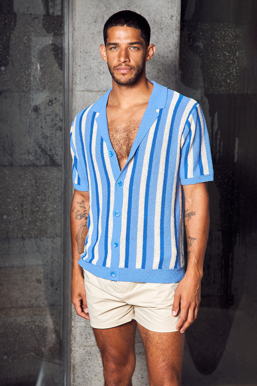 RICCARDO KNIT TOP - BLUE/SAND STRIPE - RICCARDOKNITTOP-BLUESANDSTRIPXMASONELASTICWAISTSHORTS-SAND-4