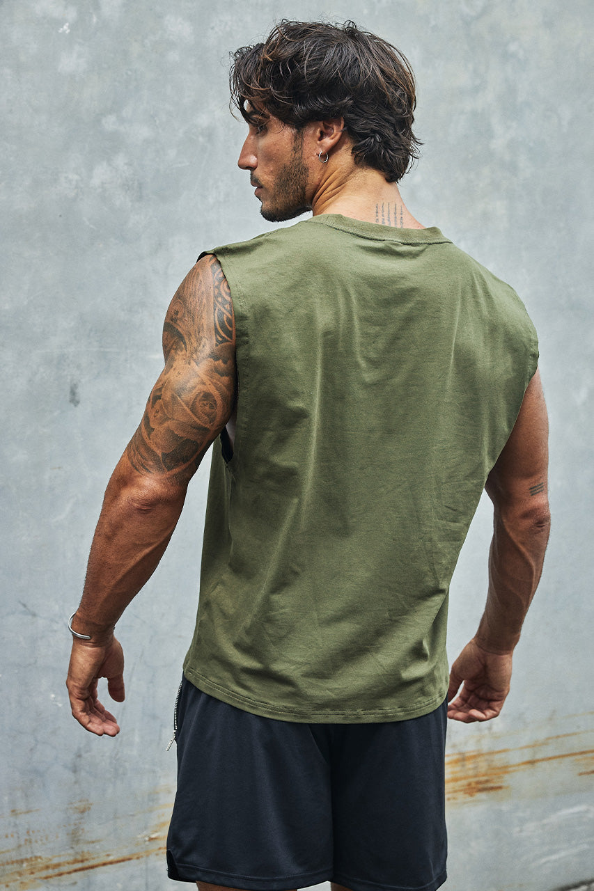 RNWY CREST FITTED TANK TOP - KHAKI