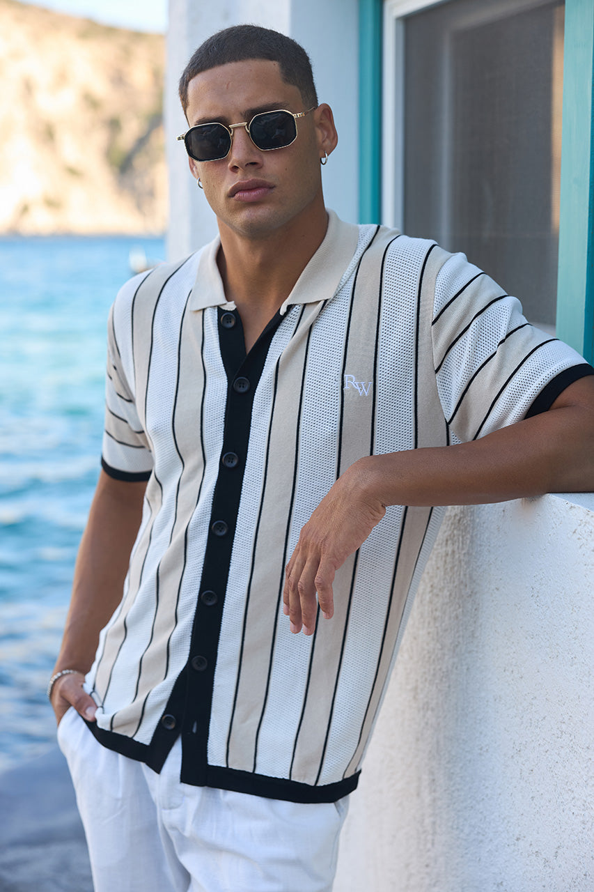 RONALDO COLLARED KNIT TOP - SAND STRIPE