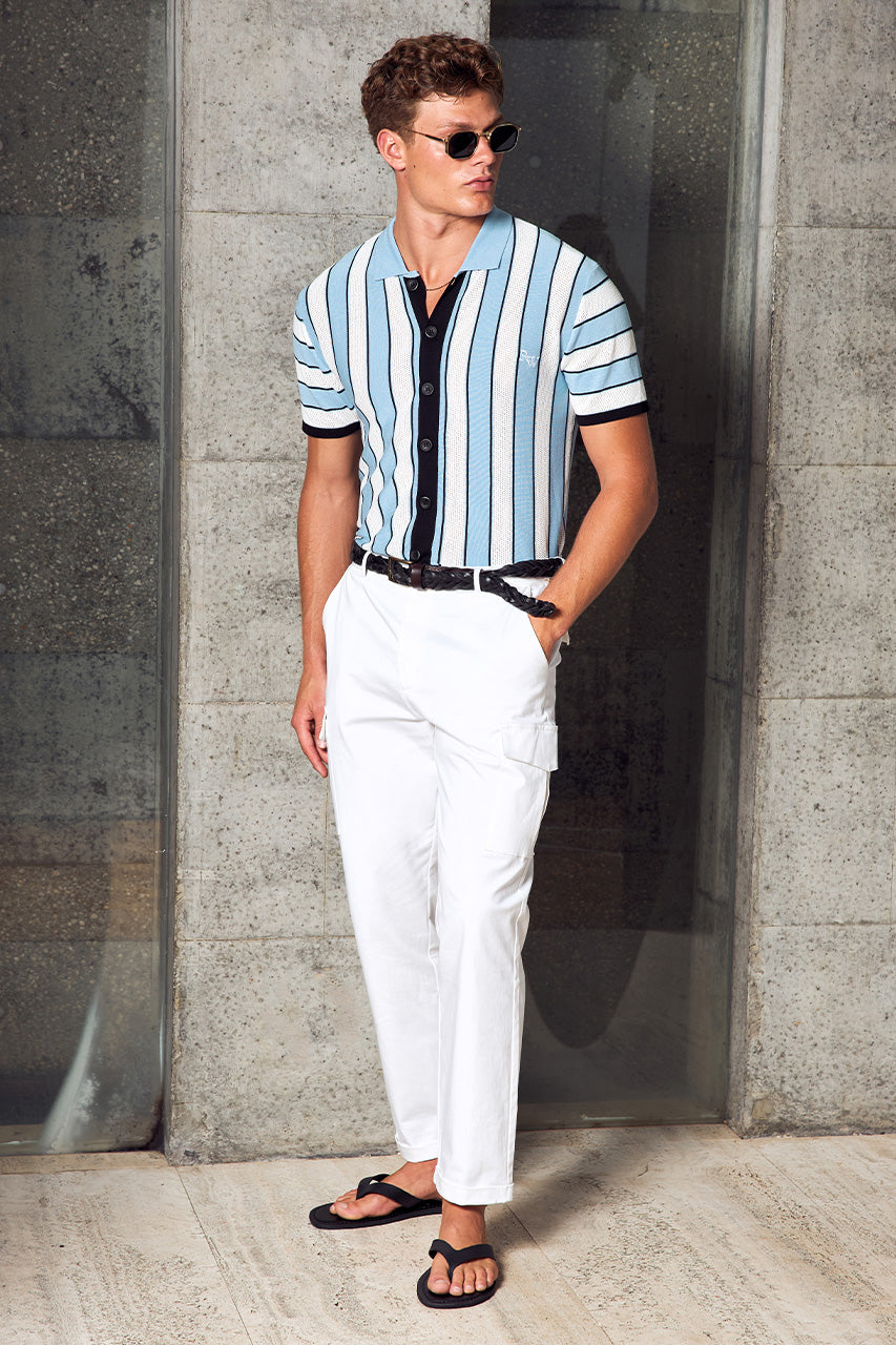 RONALDO COLLARED KNIT TOP - SKY BLUE STRIPE
