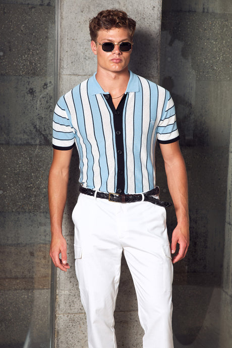 RONALDO COLLARED KNIT TOP - SKY BLUE STRIPE