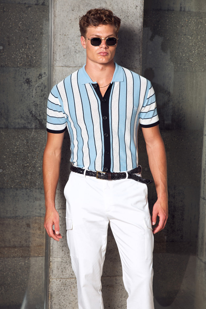 RONALDO COLLARED KNIT TOP - SKY BLUE STRIPE - RONALDO_COLLARED_KNIT_TOP_-_SKY_BLUE_STRIPE_X_CRUISE_TAPERED_CARGO_PANT_-_WHITE_-2