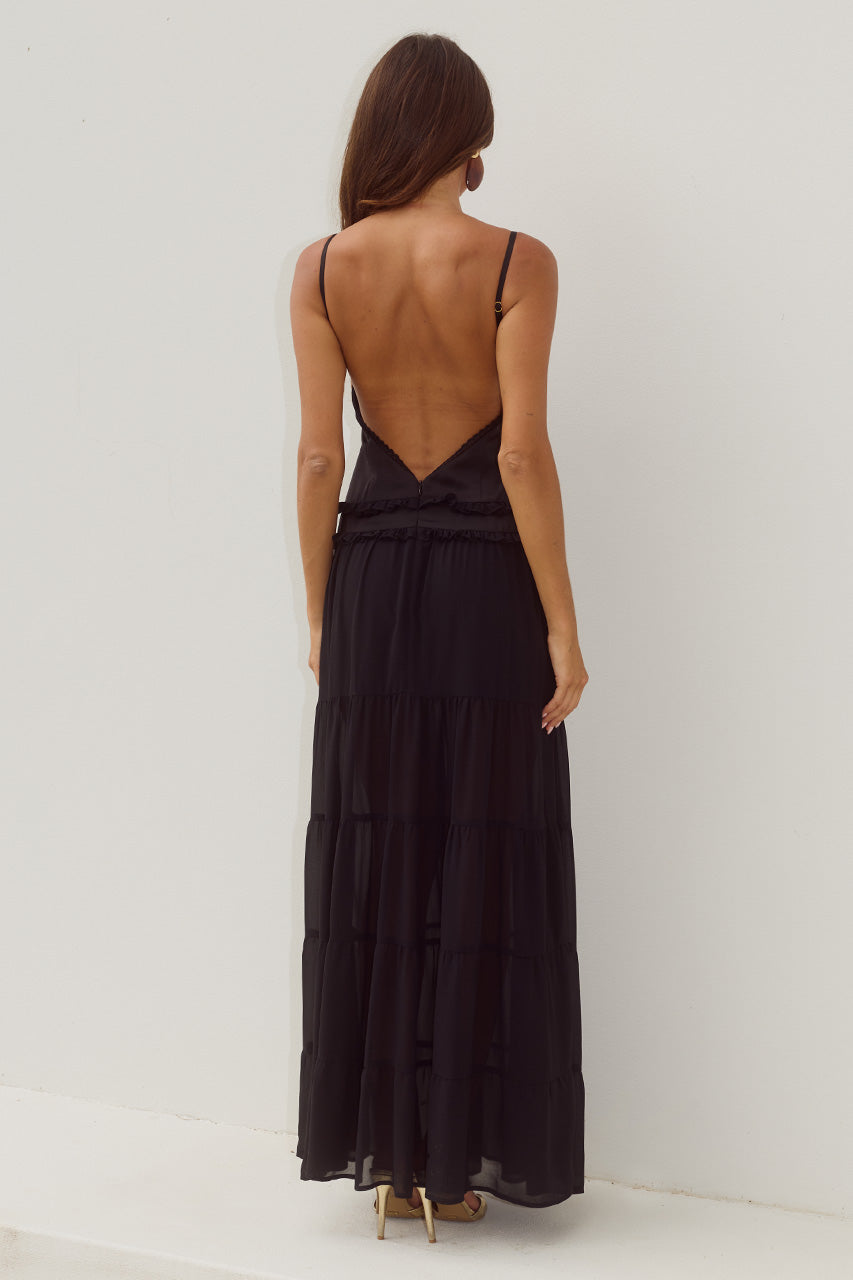 ROSETTA BACKLESS TIERED MAXI DRESS - BLACK