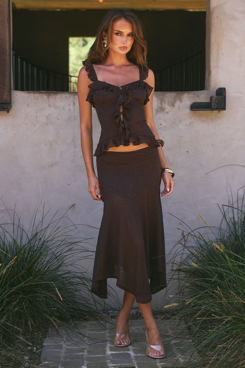 ROXELLE HANDKERCHIEF MIDI SKIRT - BITTER CHOCOLATE XXL - ROXELLERUFFLESPLITFRONTTOPXROXELLEHANDKERCHIEFMIDISKIRT-BITTERCHOCOLATE-1