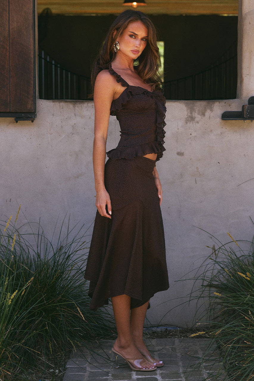 ROXELLE HANDKERCHIEF MIDI SKIRT - BITTER CHOCOLATE - ROXELLERUFFLESPLITFRONTTOPXROXELLEHANDKERCHIEFMIDISKIRT-BITTERCHOCOLATE-5