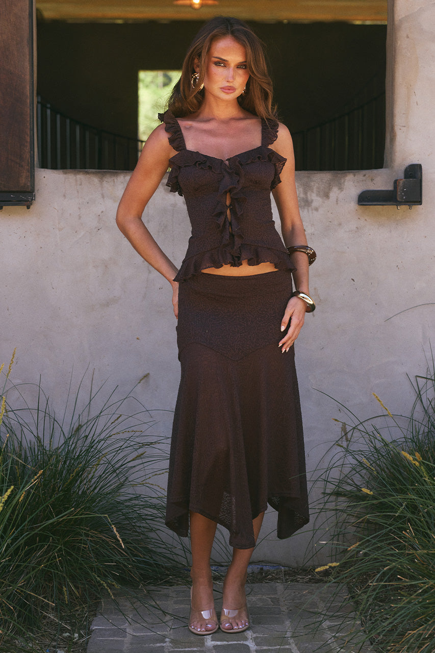 ROXELLE HANDKERCHIEF MIDI SKIRT - BITTER CHOCOLATE - ROXELLERUFFLESPLITFRONTTOPXROXELLEHANDKERCHIEFMIDISKIRT-BITTERCHOCOLATE